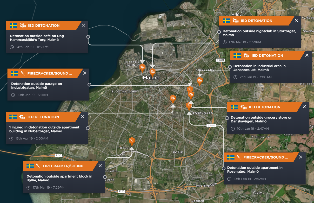Incidents of explosions, IED detonations and firecrackers throughout the city of Malmo in 2019 to date